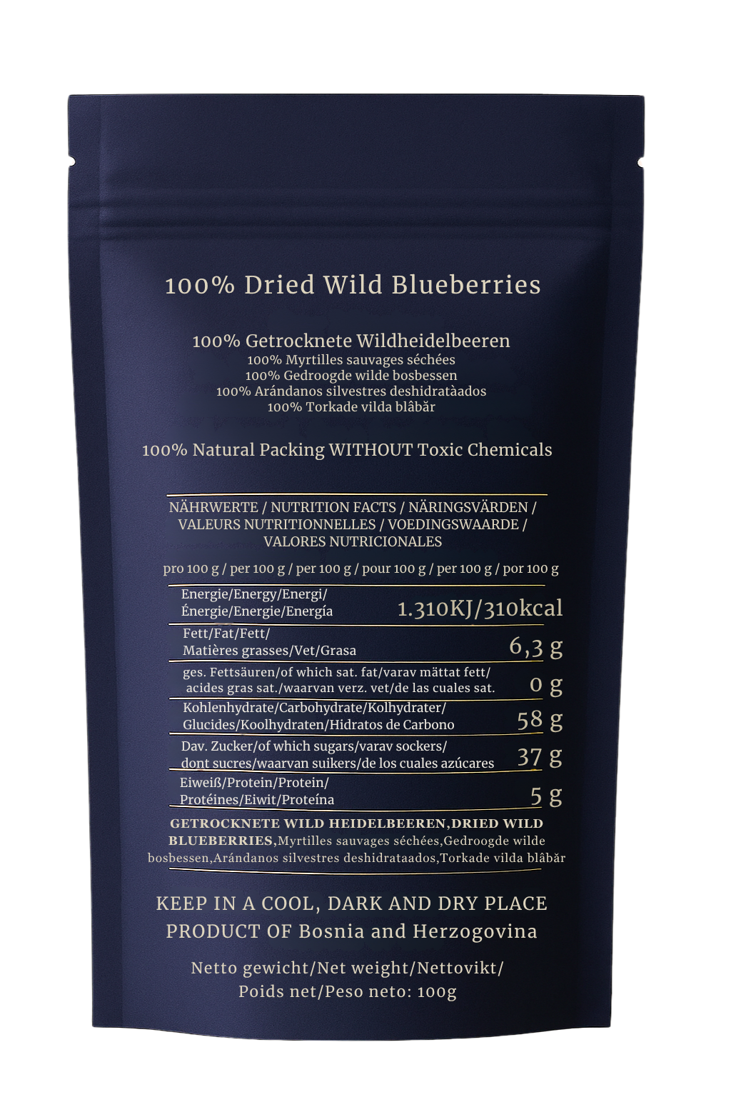 100% natural sun-dried wild blueberries from Bosnia – antioxidant-rich berries in eco pouches for snacking, baking & breakfast.