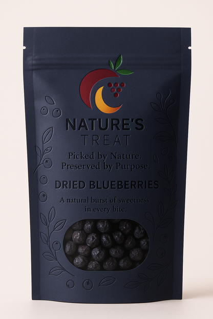 100% natural sun-dried wild blueberries from Bosnia – antioxidant-rich berries in eco pouches for snacking, baking & breakfast.